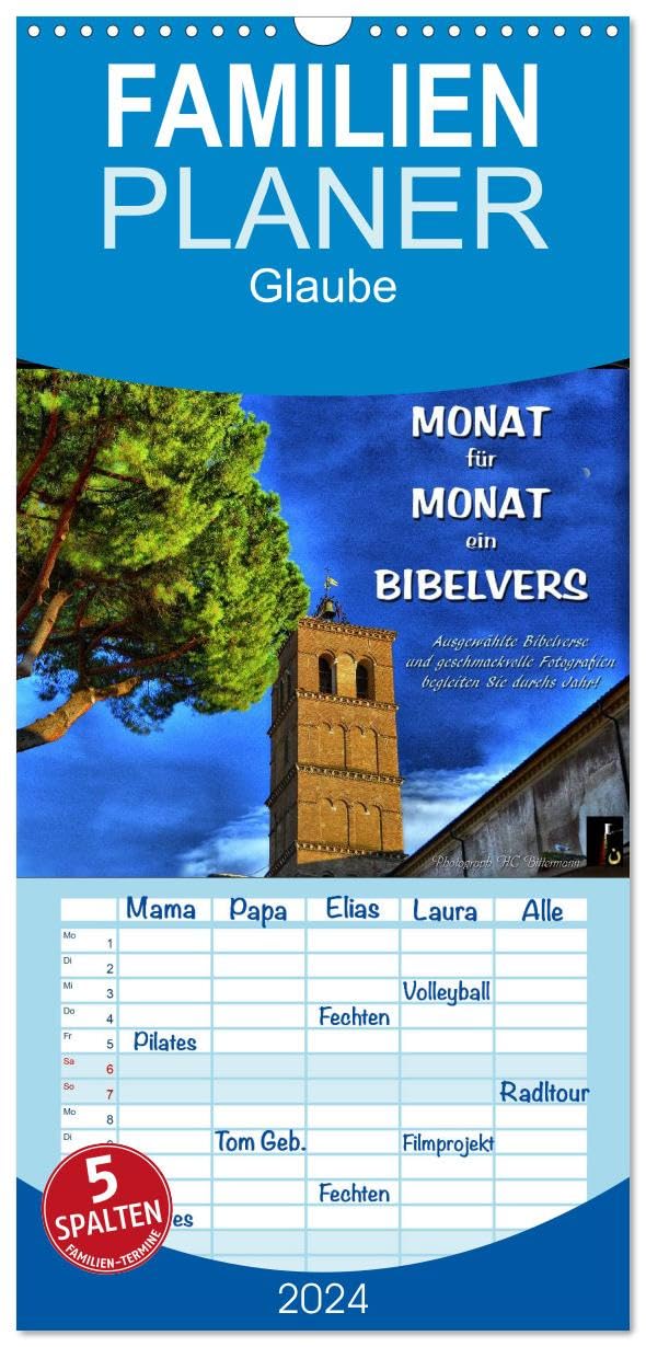 Familienplaner 2024 - Monat für Monat ein Bibelvers mit 5 Spalten (Wandkalender, 21 cm x 45 cm) CALVENDO