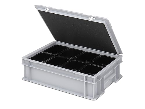 Einsatzkasten Einteilungs-Set für Eurobehälter, Schubladen mit Innenmaß 362x262 mm (LxB), 102 mm hoch, verschiedene Größen/Farben (8er Set inkl. Box + Deckel, schwarz)
