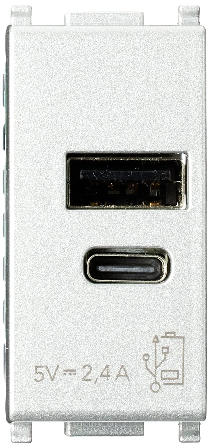 Vimar 14292.AC.SL Plana USB-Steckdose 5 V 2,4 A, 1 USB-Ausgang Typ A und 1 Typ C, insgesamt 2,4 A zum gleichzeitigen Laden von zwei Geräten