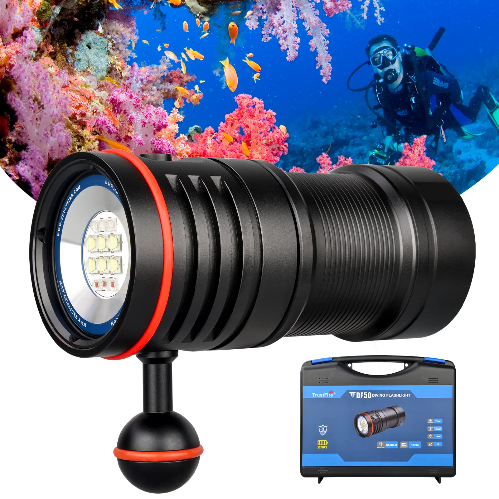 TrustFire DF50 Scuba Tauchlicht, 6500 Lumen Videokamera Fotografie Tauchen LED Taschenlampe, USB Wiederaufladbare Taschenlampe, 70 m Unterwasser, super hell, mit violetten roten weißen Lichtern