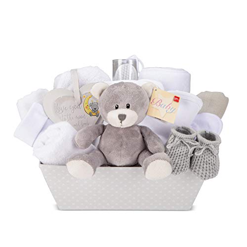 Neuer Unisex Baby Geschenkkorb - Mit Fleecedecke, Kapuzenhandtuch, Babykleidung, 2 Baby Musselin und Teddybär