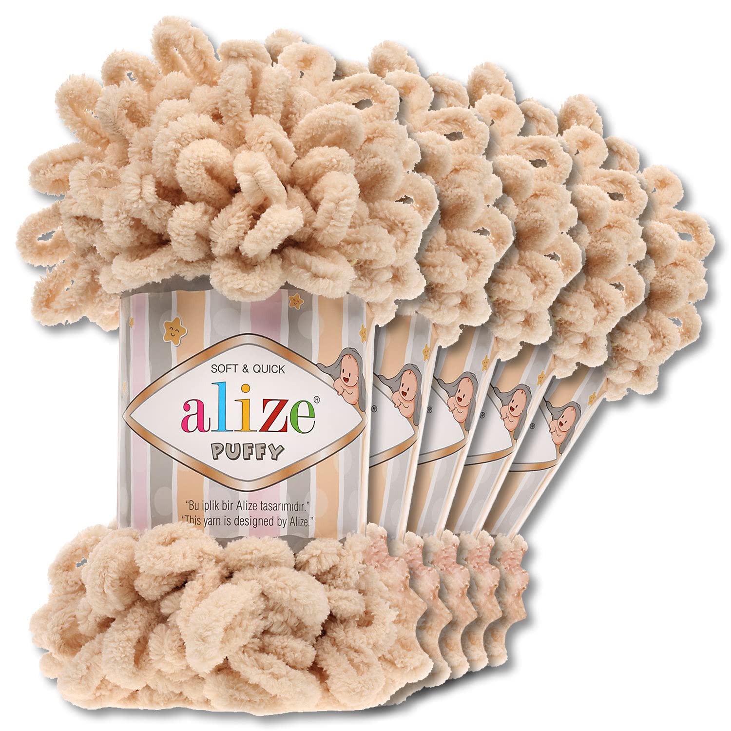 Alize 5 x 100 g Puffy Wolle Chenille Schlaufenwolle Häkeln und Stricken ohne Hilfsmittel Kleidung Accesoire Decken Teppiche (310 | Honig)