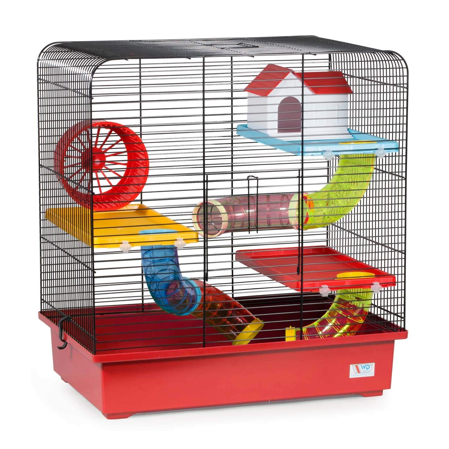 decorwelt Hamsterkäfige Rot Außenmaße 49x32,5x52,5 Nagerkäfig Hamster Plastik Kleintier Käfig mit Zubehör