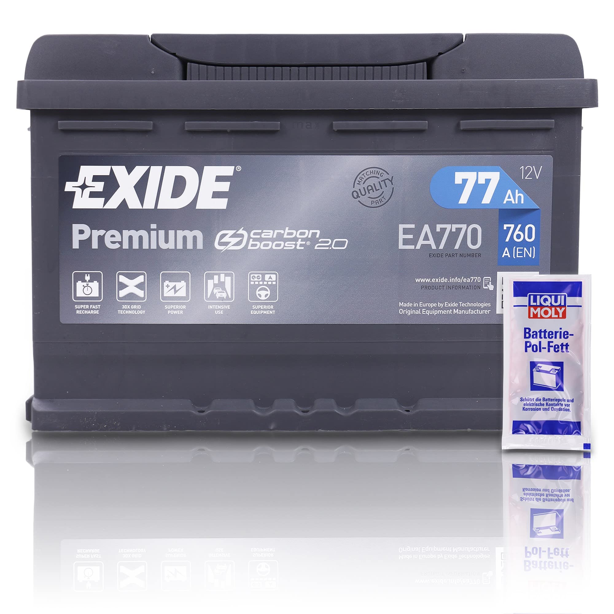 EXIDE EA770 Premium Carbon Boost Autobatterie 12V 77Ah 760A Starterbatterie PKW KFZ Batterie - Ersetzt 70Ah 71Ah 72Ah 74Ah 75Ah + 1x Batteriepolfett