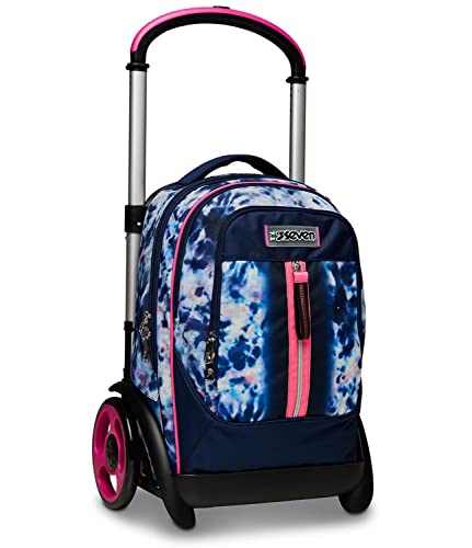 Seven Trolley Seven Tyre – Cloudy Shapes, blau rosa – zerlegbarer Trolley 3 in 1, Verwendung für Rucksack, Schulrucksack für Mädchen, Doppelfach, mehrere Taschen, Organizer innen, Mehrfarbig, 39 x 57