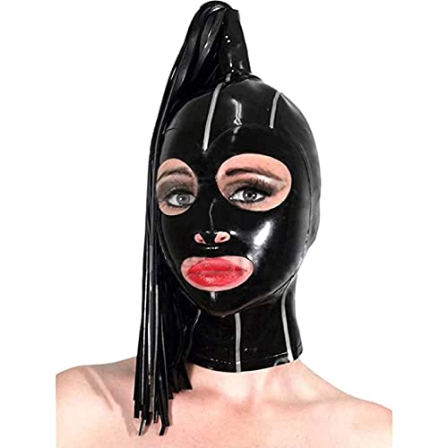 ZOUTYI Latex Haube Mit Latex Perücke Zurück Zipper Handgemachte Maske Club Tragen Frauen Halloween Cosplay Kostüme,Schwarz,XL