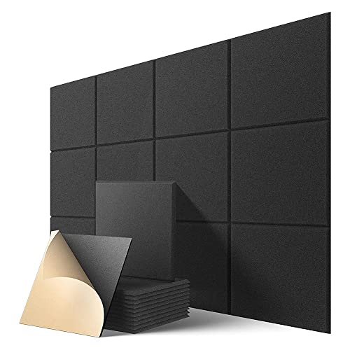 Ntcpefy Selbstklebende Akustikplatten, 12 Stück, 30,5 x 30,5 x 1 cm, schalldichte Polsterung, schallabsorbierende Platte für Zuhause, schwarz