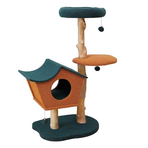 Fudajo Kratzbaum 114 cm mit Teddyfell und Birnbaumholz asymmetrisches Katzenhaus mit Spielbällen