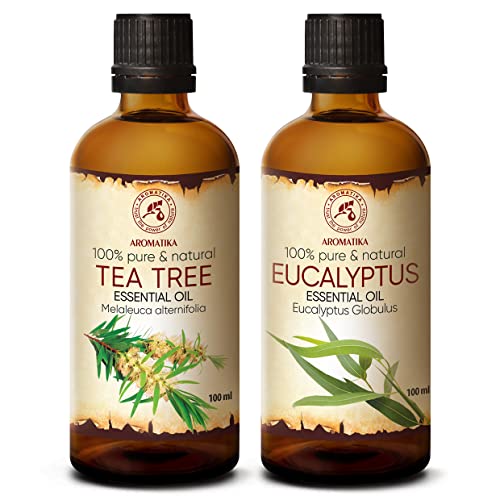 Ätherische Öle - 2x100ml - Teebaumöl - Eukalyptusöl - Rein & Natürlich - Teebaum - Eukalyptus Öl - für Diffuser - Sauna - Aromatherapie - Duftlampe - Entspannung - Raumduft - Körperpflege - Raumduft