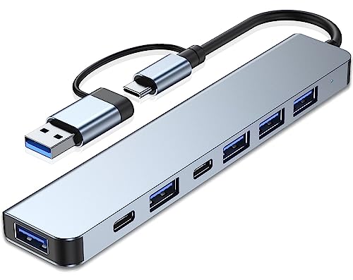 vienon USB-C-Hub 3.0, Aluminium, 7-in-1-USB-Extender, USB-Splitter mit 1 x USB 3.0, 4 x USB 2.0 und 2 x USB-C-Anschlüsse für MacBook Pro Air und weitere PC/Laptop/Tablet-Geräte
