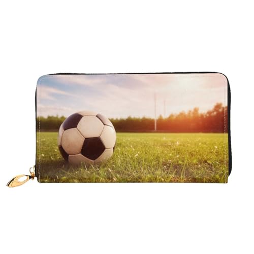 YoupO Fußball auf einem Feld Geldbörse für Frauen Leder Geldbörse mit Reißverschluss Münztaschen Mode Handtasche Tasche, Schwarz , Einheitsgröße