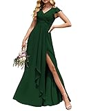 Hochzeit Trauzeugin Kleider Elegant Lange Empire Taille Plissee Flowy Rüschen Abendkleider mit Schlitz, smaragdgrün, 46