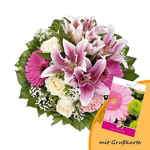 Dominik Blumen und Pflanzen, Blumenstrauß "Laura" mit rosa Lilien, Rosen und Gerbera und Grußkarte "Geburtstag"