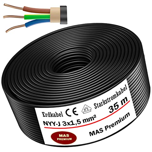 MAS-Premium® Erdkabel Deutscher Marken-Elektrokabel Ring zur Verlegung im Erd- und Außenbereich Standard Starkstromkabel Made in Germany (NYY-J 3x1,5 mm², 35m)