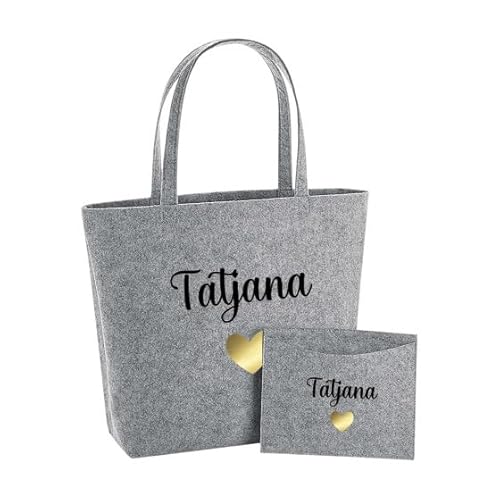 AWASG Filztasche Damen-Tasche mit kleinem Etui - Bedruckt und Personalisiert mit Herz Name - Shopper Geschenk für Sie (hellgrau)