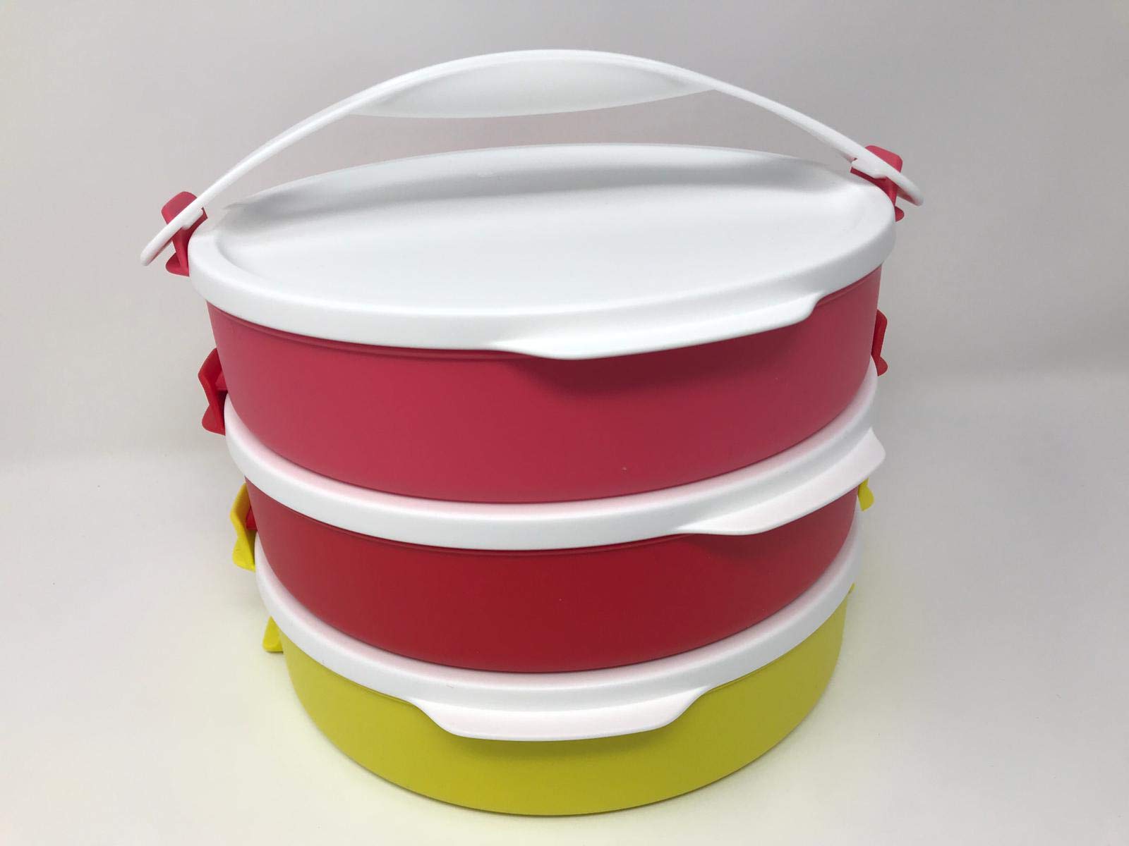 Tupperware Frischestapel Picknick-Set Stapel (3) mit Haltegriff 3 x 880ml 880 ml mit Griff stapelbar Schüssel mit Deckel Lunch rot pink gelb