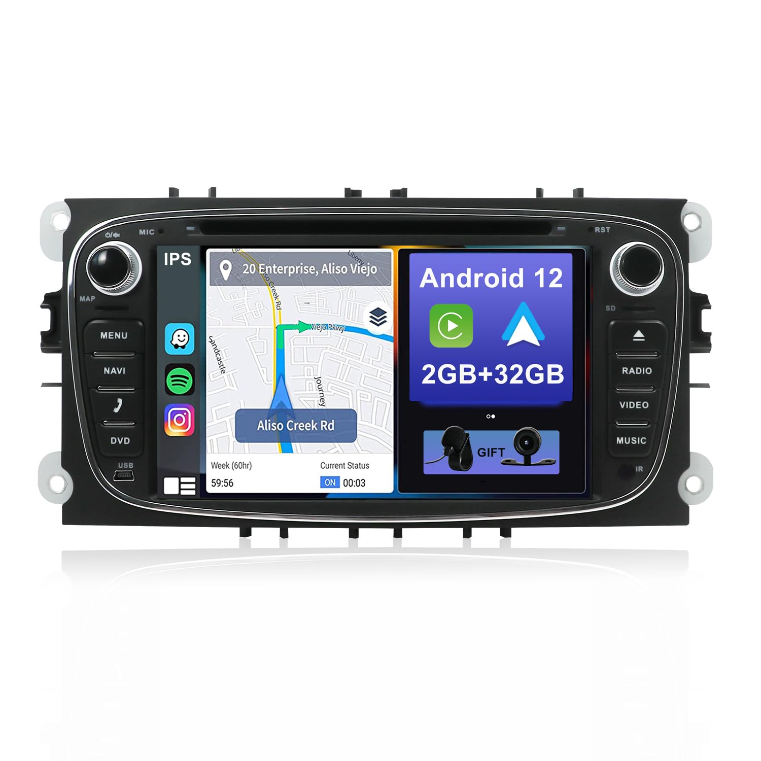YUNTX Android 12 Autoradio für Ford Focus/Mondeo/S-Max/Connect (2008-2011) Radio mit GPS Navi-CarPlay/Android Auto/Bluetooth 5.0/DAB/USB/WiFi/4G/Mirrorlink-Gratis Kamera+Canbus+MIC-2 Din IPS 7 Zoll