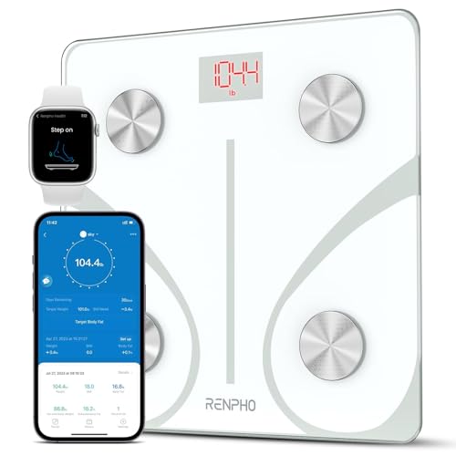 RENPHO Körperfettwaage Bluetooth Digital Personenwaagen Körperanalysewaage mit App Smart Waage für Körperfett, BMI, Muskelmasse, Protein, BMR, Weiß