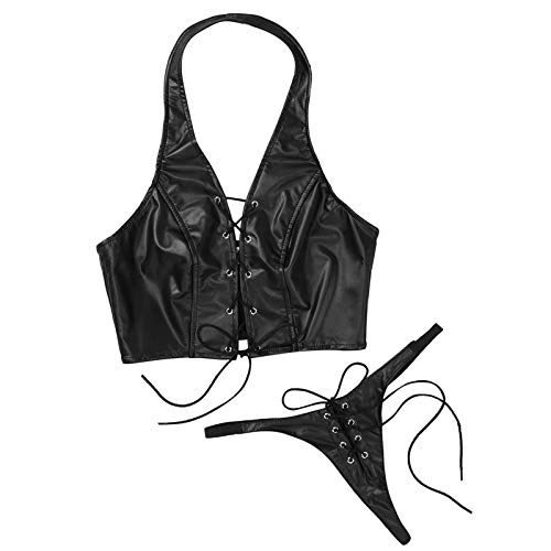 YIJIAN. Dessous für Frauen-Faux-Leder-BH-Bikini-Top mit Mini-G-String-Unterwäsche (Color : Black, Size : M)