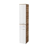 FACKELMANN Milano Hochschrank mit 2 Türen und 1 Schublade – Schrank fürs Badezimmer (30,5 cm x 165,5 cm x 32 cm) – Badschrank schmal in Weiß mit Holz braun