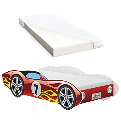 iGLOBAL Kinderbett Autobett Cars Bett Jugendbett Juniorbett Bett mit Lattenrost Stellage Schaumstoffmatratze 140 x 70 cm (Red)