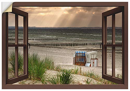ARTland Wandbild selbstklebend Vinylfolie 100x70 cm Fensterblick Fenster Strand Düne Meer Maritim Strandkorb Küste Insel T6AL