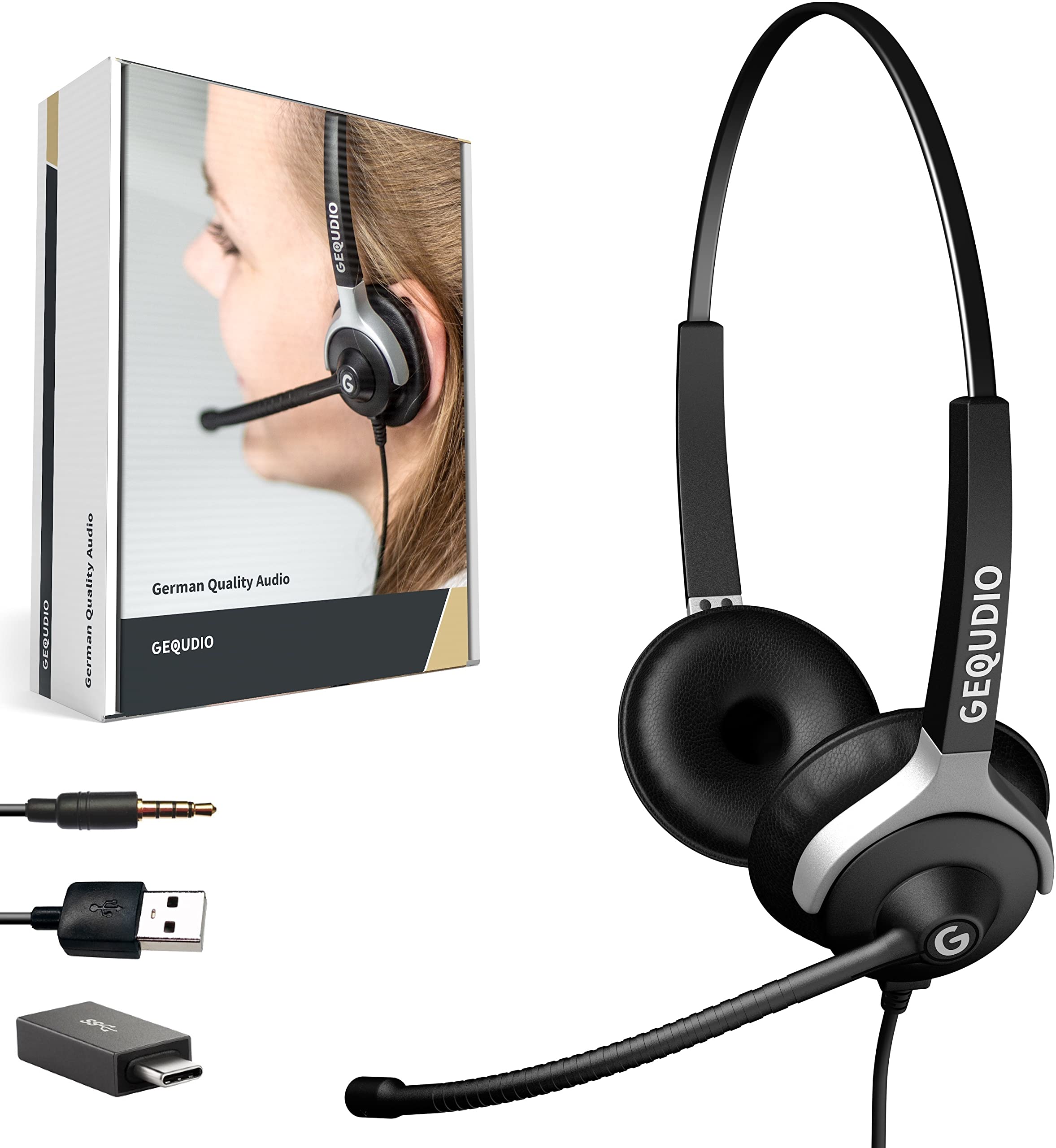 GEQUDIO [3in1] Business Headset mit USB-A, USB-C und 3,5mm Klinke kompatibel mit PC, Mac und Smartphone - Kopfhörer & Mikrofon Ersatz Polster - besonders leicht 80g (2-Ohr)