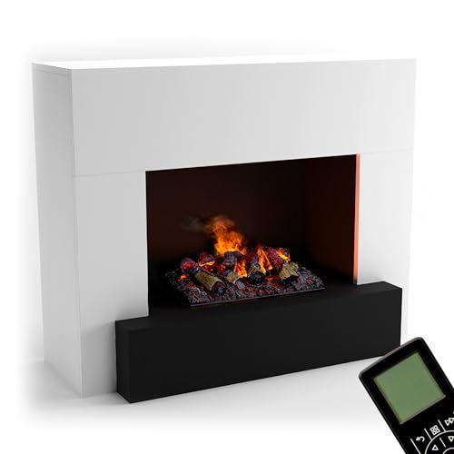 GLOW FIRE Hauptmann Elektrokamin Opti Myst Cassette 500 mit Holzdeck 3D Wasserdampf Feuer, elektrischer Standkamin mit Fernbedienung, Regelbarer Flammeneffekt, 110 cm, Weiß