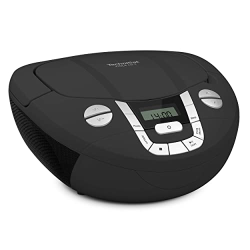 TechniSat Viola CD-1 - tragbarer Stereo CD-Player, Boombox mit praktischem Tragegriff (CD-Radio für Kinder, UKW Radiotuner, Bluetooth-Empfang, 2 x 1 W RMS-Leistung, Netz- und Batteriebetrieb) schwarz