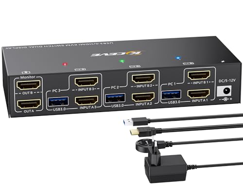 USB 3.0 HDMI KVM Switch 3 PC 2 Monitore 4K@60Hz, 2K@144Hz Extended Display, Simulation EDID, ESKEVE HDMI 2.0 KVM Switches mit 4 USB 3.0 Ports für 3 PC, die sich Dual-Monitor und 4 USB-Geräte.