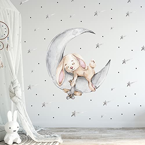 WANDKIND Hase auf dem Mond Wandtattoo V303 | handgezeichnet | AUFKLEBER Kindergarten | Wandsticker Kinderzimmer Hasen mit Sterne Sternschnuppe (60 x 60 cm)