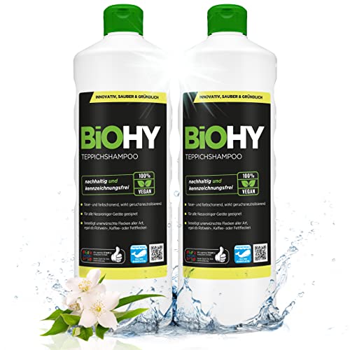 BIOHY Teppichshampoo Konzentrat 2 x 1 Liter Flaschen | Teppichreiniger ideal zur Entfernung von hartnäckigen Flecken | SPEZIELL FÜR WASCHSAUGER ENTWICKELT