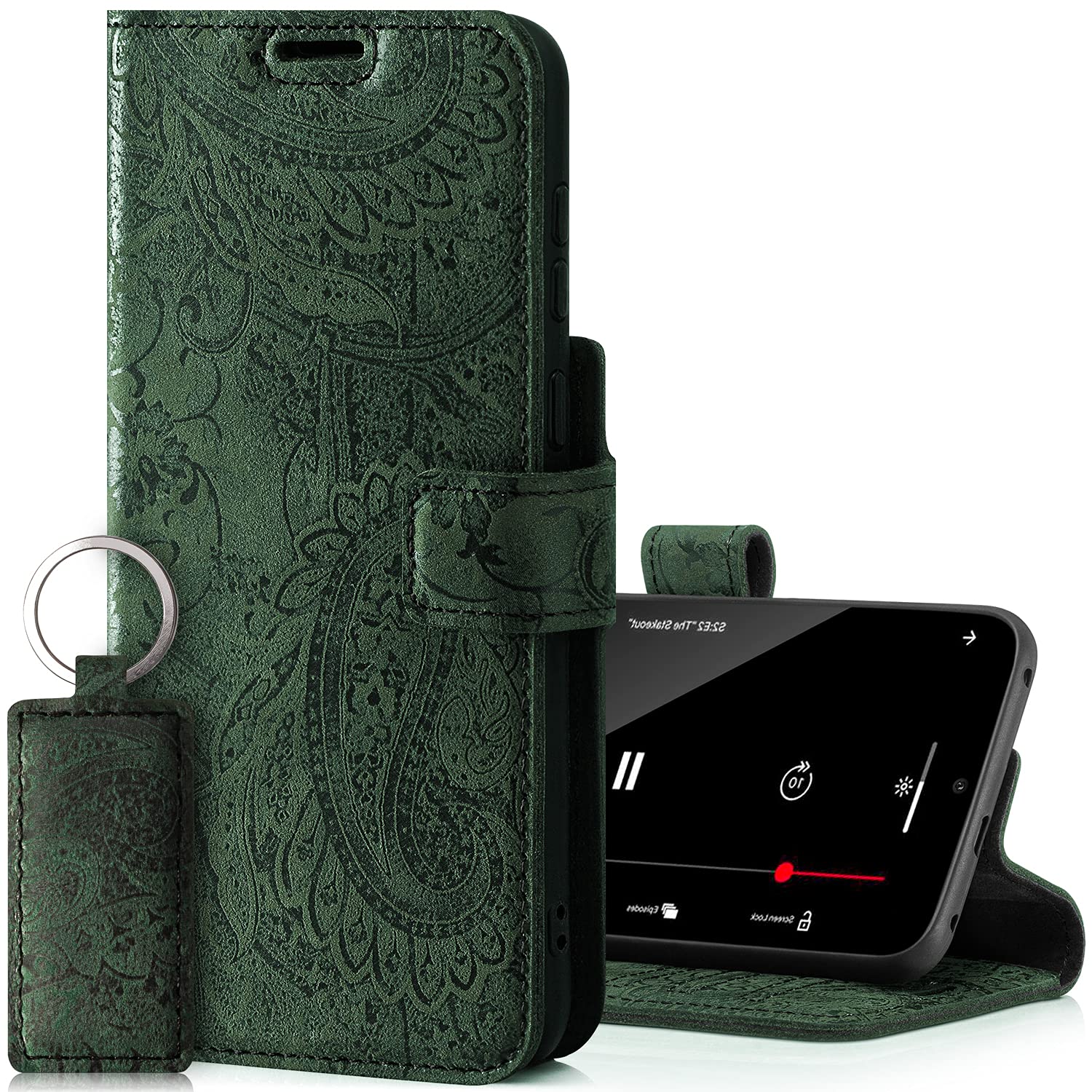 SURAZO Prestige Handyhülle für Apple iPhone 13 Mini – Premium Echtleder Hülle Schutzhülle mit [Standfunktion, Kartenfach, RFID Schutz, Blumenmuster] Klapphülle Wallet case Handmade in Europe (Grün)