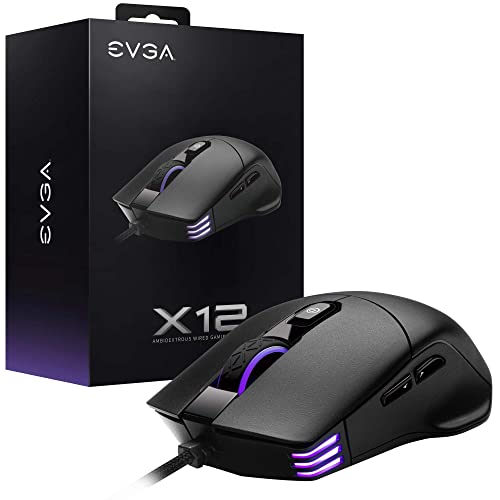 EVGA X12 Gaming-Maus, 8k, kabelgebunden, schwarz, anpassbar, Dual-Sensor, 16.000 DPI, 5 Profile, 8 Tasten, beidhändig leicht, RGB, 905-W1-12BK-KR