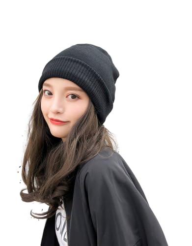 Frauen Mode Haar Dekor Strickmütze Winter warme Mütze lange Haare Perücke mit Hut Kapuze Kopfbedeckung schwarze (Color : Black hat, Size : One size)
