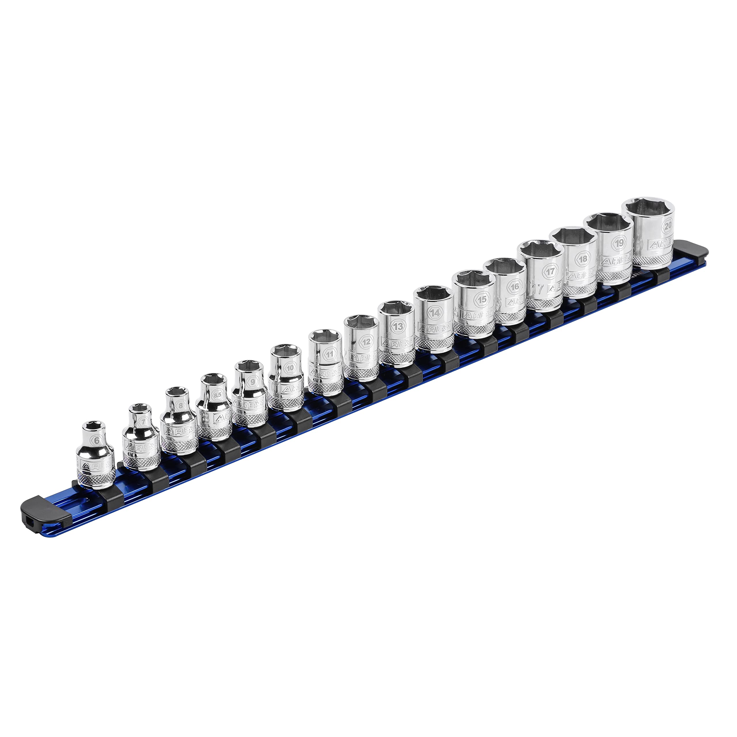 ARES 60117-3/8-Zoll-Antrieb, blau, 43,2 cm Steckschlüsselschiene mit verriegelbaren Endkappen – Aluminiumschiene speichert bis zu 16 Stecknüsse und hält Ihren Werkzeugkasten organisiert