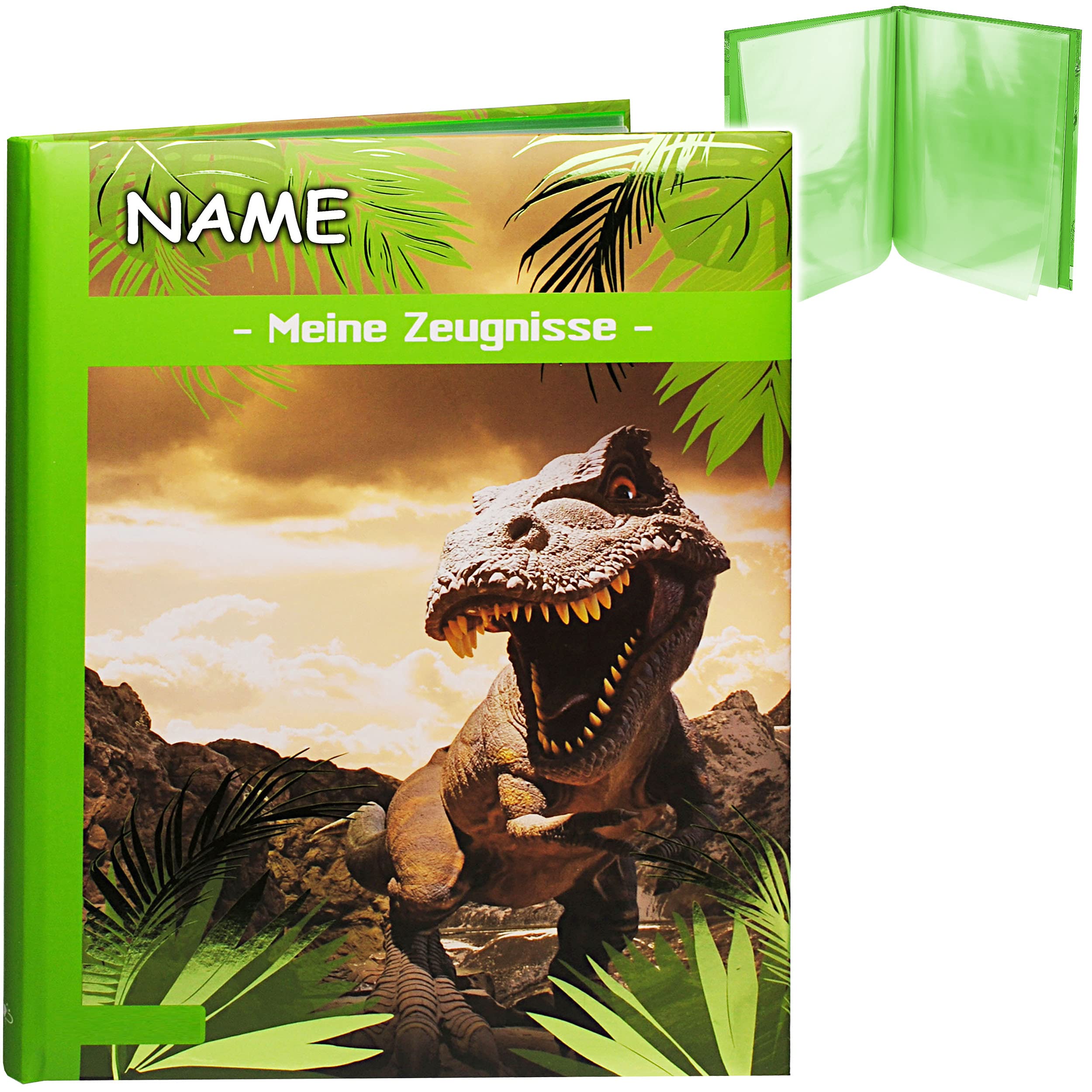 3D Glanz - Zeugnismappe / Dokumentenmappe _ Motivwahl _ Dinosaurier - Tyrannosaurus Rex _ inkl. Name - Meine Zeugnisse _ gebunden - Buch mit festen Seiten - A..
