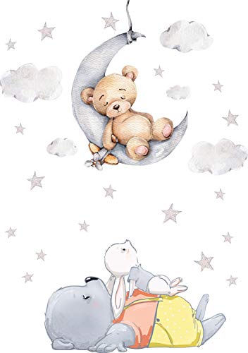 Szeridan D308 130 x 185 cm Teddybär auf dem Mond Kaninchen Wolken Sterne Tiere Himmel Wandtattoo Babyzimmer Wandsticker Aufkleber Deko für Kinderzimmer Baby Kinder (XXL - 130 x 185 cm)