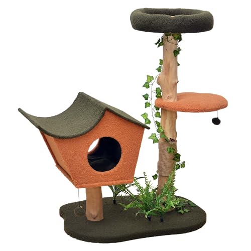 Fudajo Kratzbaum mit Pflanzendeko 114 cm Teddyfell und Birnbaumholz Katzenhaus mit Spielbällen