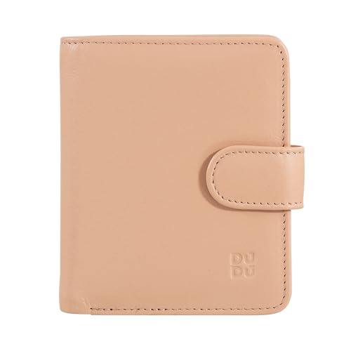 DuDu Damen Portemonnaie aus Leder mit Reißverschluss, kompaktes Portemonnaie mit Knopfverschluss, Geldscheinfach, Kartenhalter und RFID-Schutz Puder rosa