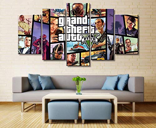 GIRDSS Leinwand Bilder 5 Teilig Kunstdruck Modern Wandbilder XXL Home Wohnzimmer Wanddekoration 5 TLG Bilder GTA Grand Theft Auto Fünf Creative Geschenk Kunstwerk 150X80