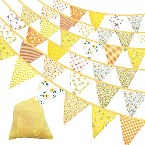 Wimpelkette aus Stoff, 1,2 m, 50 Stück, Vintage-Baumwoll-Dreieck-Flaggen, Blumen-Wimpel, Dreieck-Flaggen für Geburtstag, Hochzeit, Party, Zuhause, Garten (gelb)