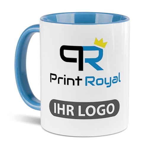 Werbeartikel - Firmen-Tasse mit eigenem Logo Bedruckt/Merchandise / B2B / Geschäftskunden/selbst individuell gestalten/Innen & Henkel Hellblau - 12 Stück