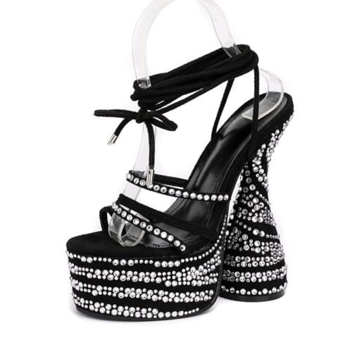 NEOFEN Damen-Plateausandalen mit diamantbesetztem Riemchen und Knöchelschnalle, klobige High Heels (Color : Black, Size : 42 EU)