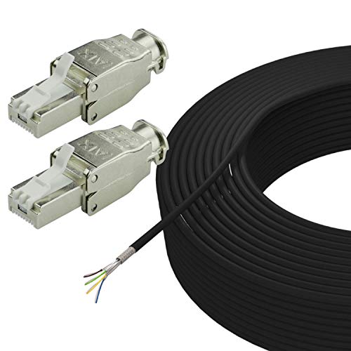 AIXONTEC 100 m Cat.7 Erdkabel Set mit 2 RJ45 Stecker geschirmt LAN Ethernet Netzwerk Kabel AWG 23/1 UV-Beständig Outdoor für Außenbereich und in die Erde – Werkzeugfrei – Selbstmontage