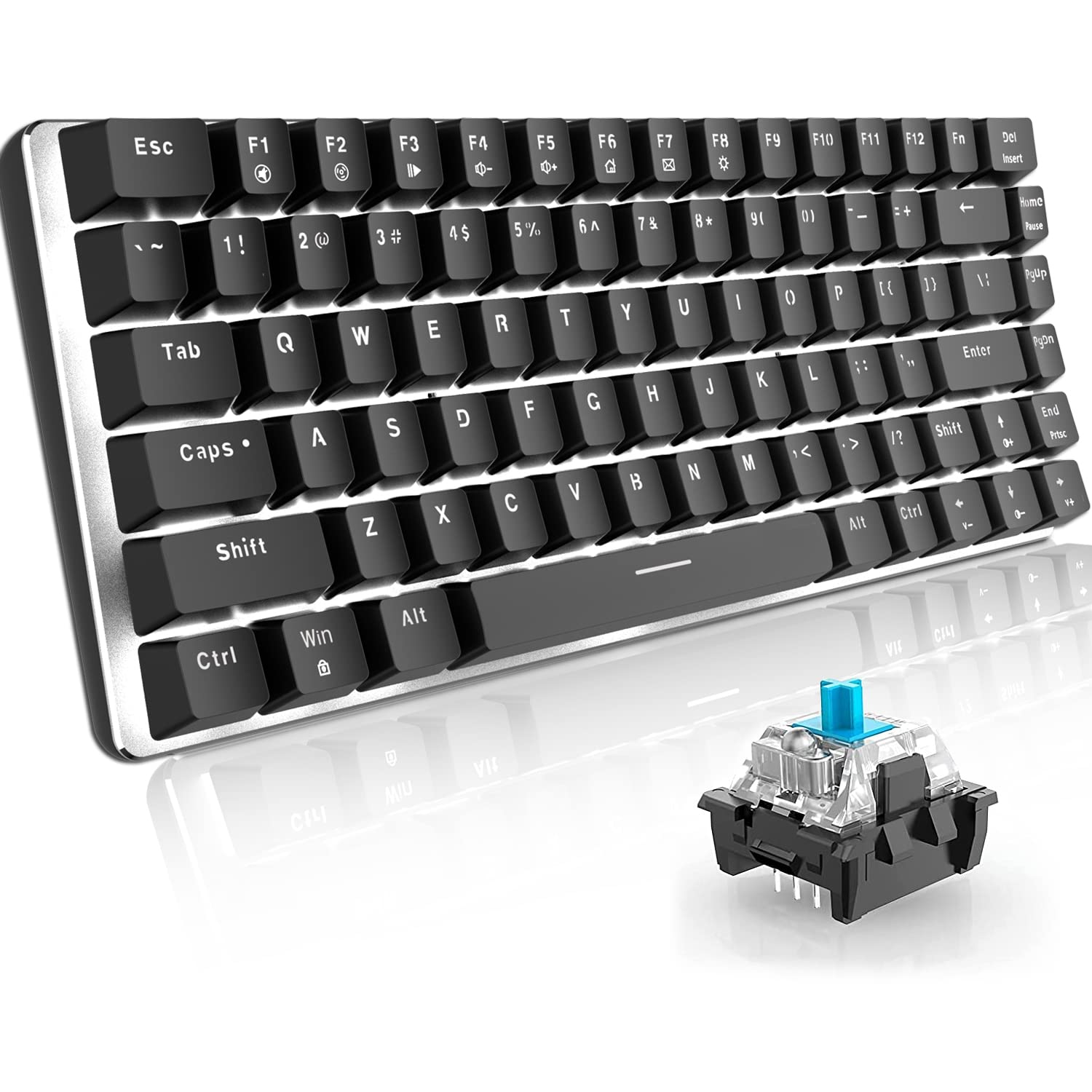 60% Mechanische Gaming-Tastatur-Hot Swap-Swap-Swap-Tasten mit kabelgebundener Kabel-Typ-C Kompakte Tastatur mit weißem LED-Hintergrundbeleuchtung für PC-Gamer /--Typisten (blauer Schalter, schwarz)
