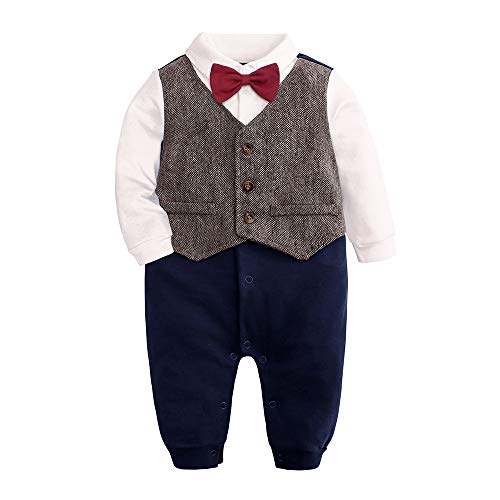 Baby Formale Outfit Jungen Smoking Plaid Gentleman Anzug Onesie Overall (D Rot,6-9M)