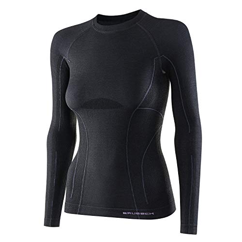 BRUBECK Damen Langarm Funktionsshirt | Longsleeve Outdoor | Radshirt nahtlos I Sport Unterhemd für Frauen | Merino Unterwäsche Wintersport I 41% Merinowolle | Gr. XL, Schwarz I LS12810