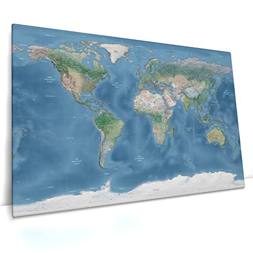 CanvasArts Pinnwand Weltkarte Relief Mittelblau - Leinwandbild, deutsche Beschriftung, Landkarte (100 x 60 cm, Pinnwand, Mittelblau)