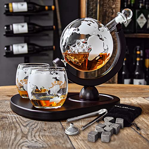 MikaMax - Globe Decanter Deluxe Set - Whisky Dekanter Set – Handgefertigtes Whisky Set – Inklusive 2 Whisky Globe Gläser – 850 ML – Transparent – Glas Dekanter Set